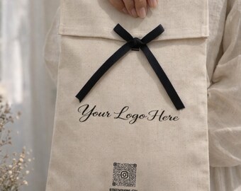Custom Cotton Envelope Bag, Bow Tie Closure, Logo QR Code Printing, Boutique Packaging