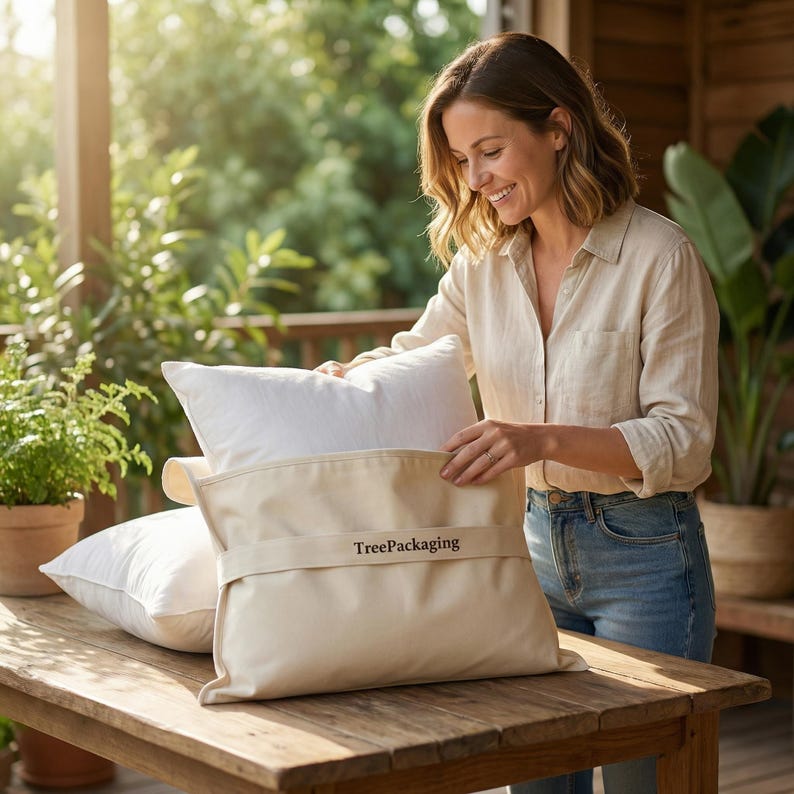 May include: A woman holding a white pillow and a beige pillow case with the text "TreePackaging" printed on it. The pillows are on a wooden table outdoors, with plants in the background. The woman is wearing a light-colored button-down shirt and blue jeans.