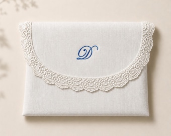 Linen Lace Monogrammed Clutch Bag, Embroidered Bridal Pouch, Wedding Envelope Purse