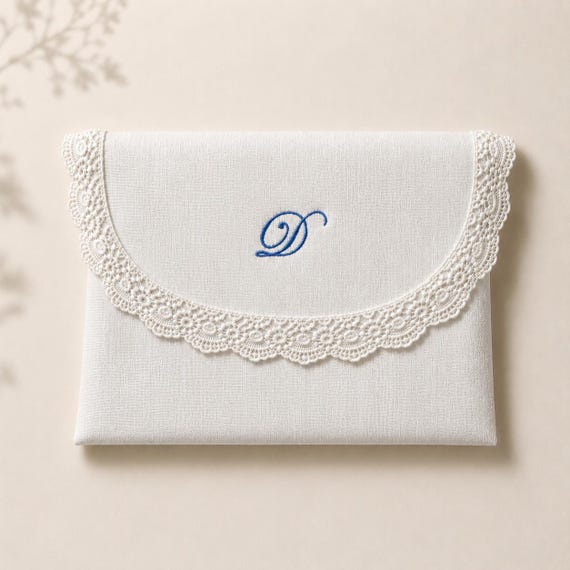 Linen Lace Monogrammed Clutch Bag, Embroidered Bridal Pouch, Wedding Envelope Purse