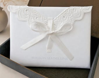 White Lace Envelope Bag | Cotton Wedding Favor Pouch with Ribbon