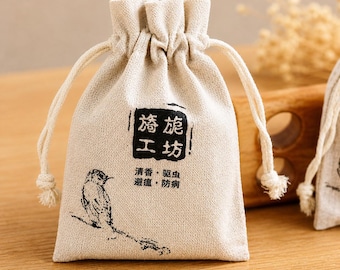 Natural Linen Drawstring Bag, Chinese Style Herb Sachet Pouch, Eco Friendly Storage