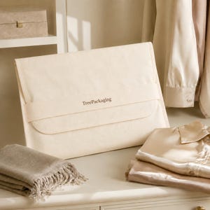 Puede incluir: Una funda de cartera TreePackaging de color crema con cierre de solapa y una correa a juego. El texto "TreePackaging" está impreso en la correa. Una manta beige doblada con flecos y una pila de camisas de seda están sobre una superficie blanca.