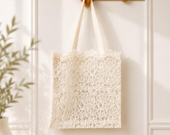 Lace Tote Bag, Linen Fabric, Bridal Wedding Handbag, Romantic Gift, Custom Logo Purse