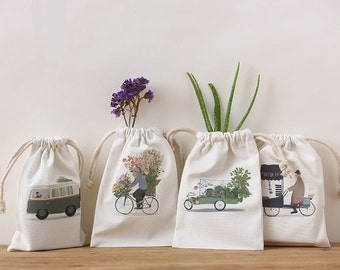 Custom White Drawstring Storage Pouch, Illustration Print Pouch,Picture Printing,Selection of fabrics—Cotton/Canvas/Cotton Linen,Any Sizes