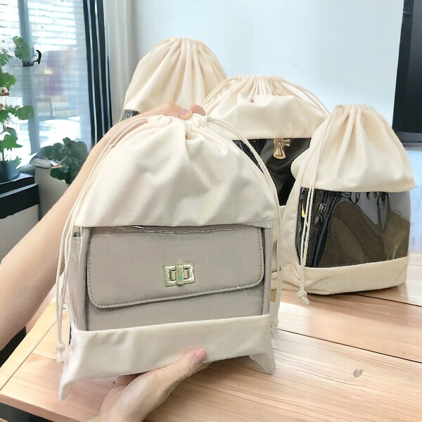 Sac transparent avec cordon de serrage en daim : organiseur pour sac à main, vêtements, chaussures. Rangement de voyage et d'affaires. Sac à poussière