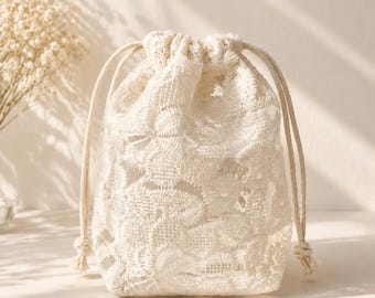 Floral Lace Drawstring Bag, Square Bottom Pouch, Wedding Favor, Bridal Shower Packaging