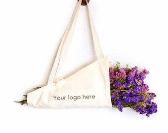 Bolsa de lona personalizada para transportar flores: Ramo plano abierto, logotipo personalizado.