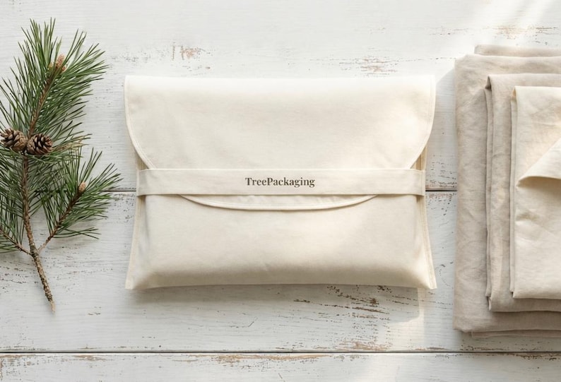 May include: A cream-colored, rectangular package with a curved flap and a matching strap, bearing the text "TreePackaging". A folded stack of fabric is to the right. A pine branch with cones rests on a white wooden surface.