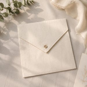 May include: A square, off-white fabric envelope pouch featuring a triangular flap secured by a single, small, round, light brown wooden button centered on the closure. The pouch is constructed from a plain-weave textile with a visible fabric grain.