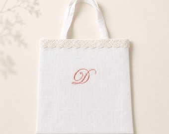 Custom Linen Tote Bag with Lace Trim, Personalized Embroidered Logo Bag, Pure Linen Wedding Welcome Gift Bag