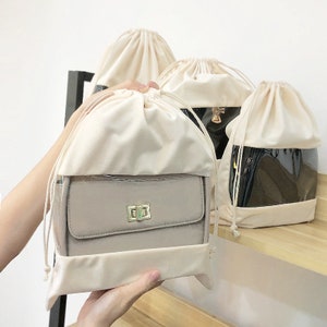 Suede Fabric Clear Window Drawstring Bag: Organizer for Handbag, Clothes, Shoes. Travel & Business Storage. Dust Bag