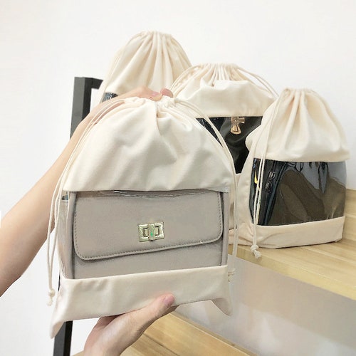 Suede Fabric Clear Window Drawstring Bag: Organizer for Handbag, Clothes, Shoes. Travel & Business Storage. Dust Bag
