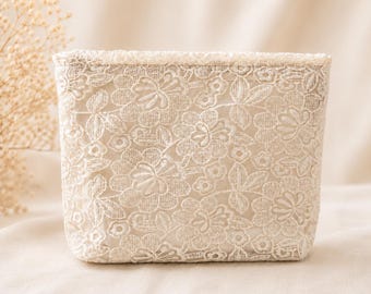 Handmade Lace Cosmetic Bag | Floral Zipper Pouch, Cotton Lined Travel Makeup Organizer