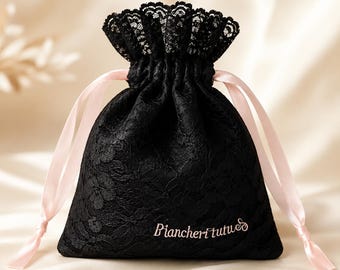 Luxury Black Lace Drawstring Bag – Custom Logo Embroidery or Tag – Satin Pouch – Personalized Jewelry & Gift Packaging