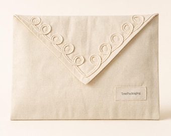 Natural Cotton Envelope Pouch: Hand-Embroidered, Double-Layered, Custom Logo Wedding Clutch