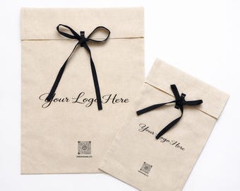 Custom Cotton Envelope Bag, Bow Tie Closure, Logo QR Code Printing, Boutique Packaging