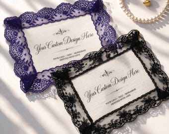 10pcs Personalized Lace Wedding Menu, Sheer Fabric Reception Card, Hand-Stitched Border, Elegant Dinner Decor
