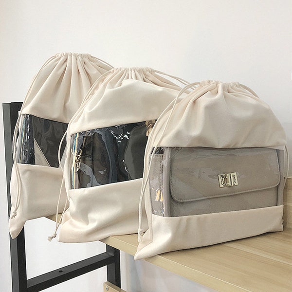 Tissu en daim avec cordon de serrage transparent Sac de rangement avec fenêtre transparente Organisateur de voyage Organisateur Sac à poussière pour sac à main Vêtements Chaussure