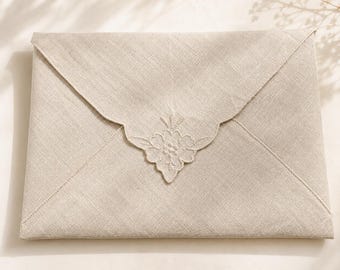 Linen Lace Envelope Clutch, Embroidered Monogram Bridal Pouch, Wedding Purse