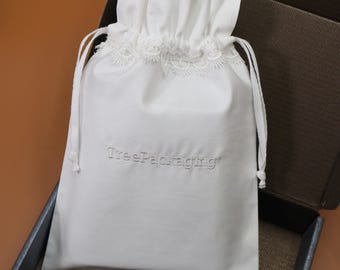 Custom Lace  Drawstring Pouch – White Cotton, Embroidered or Printed Logo Packaging