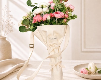 Bolsa de lona de doble capa para flores, con correa ajustable para ramo de flores, reutilizable y profesional.