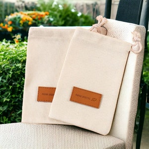 Personalized Canvas Drawstring Bags with Custom Leather Label - Any Size Available! High-Quality, Customizable, Durable Drawstring Pouches