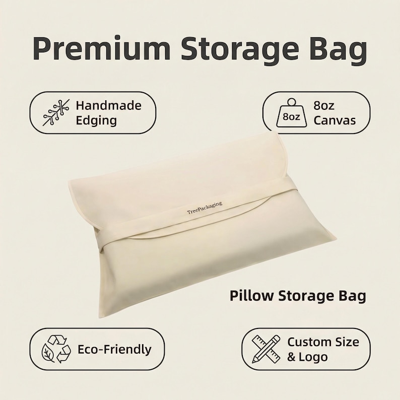 May include: A cream-colored pillow storage bag made of 8oz canvas. The bag features handmade edging and is eco-friendly. The text "Premium Storage Bag" and "Pillow Storage Bag" are displayed. The bag is from TreePackaging and offers custom size and logo options.