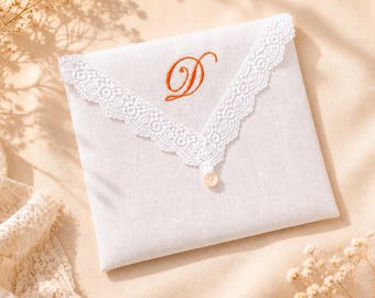 Linen Lace Monogram Clutch Bag, Embroidered Bridal Pouch, Elegant Wedding Envelope Purse