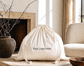 Large White Twill Drawstring Pouch: Durable, Washable Fabric