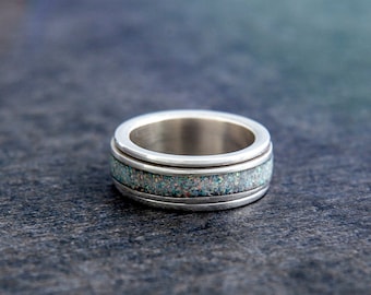 Sterling Silver, Inlay, Spinner Ring, Handmade, Jewelry, Gemstone, Simulated Opal