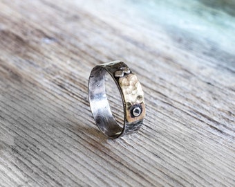 Sterling and brass ring, Pounded Sterling, Hammered Sterling, handmade ring, medieval style