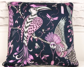 Cushion Cover Emma Shipley Audubon Pink Navy Cotton Silk Piping Velvet Backing