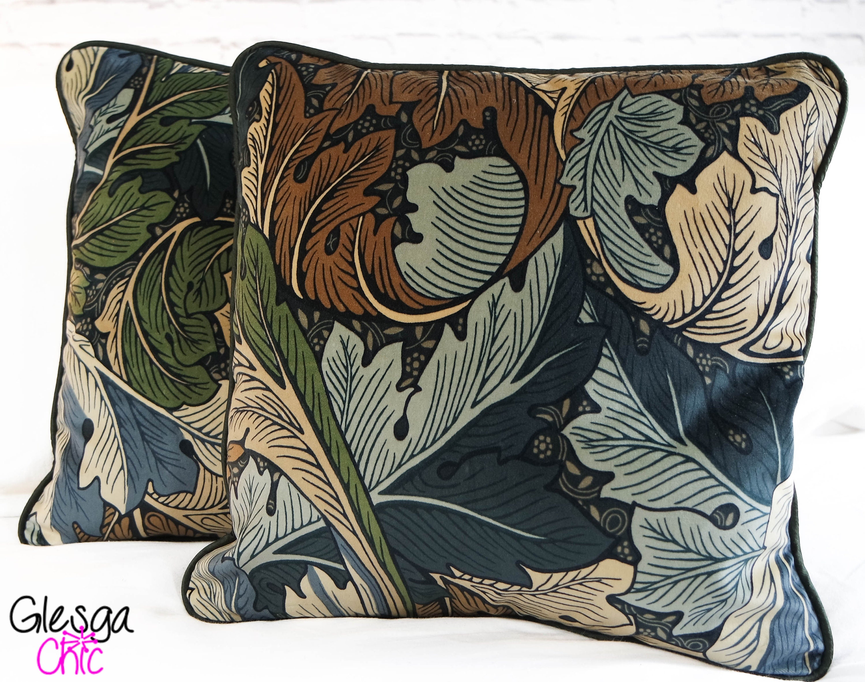 Cushion Cover Morris Acanthus Velvet 100% Silk Piping Slate Green Thyme  40x40cm