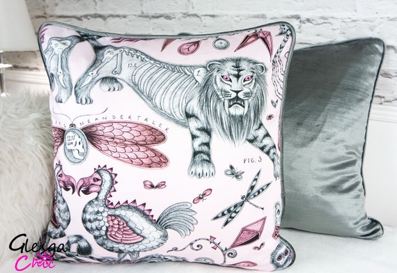 Cushion Cover Emma Shipley Audubon Pink Navy Cotton Silk Piping Velvet Backing