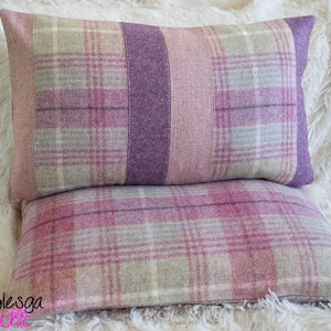 Patchwork Wool Cushion Cover: Pink Lilac Tartan Pillow, Cottagecore Decor