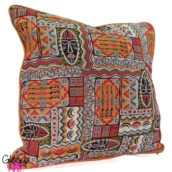 Cushion Cover Tribal Mask Traditional Ethnic Style Tapestry Piped Warm Earthy Colours Red, Burnt Orange
