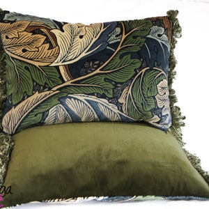 Cushion Cover Morris Acanthus Velvet Fringed Slate Green Thyme Fringe 30x45cm