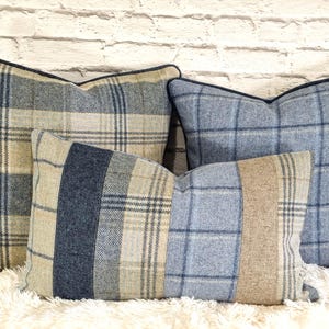 Blue Cushion Cover, 100%  Wool Blue Kincraig Tartan Patchwork Piped Pillow