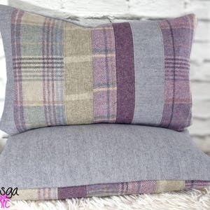 Patchwork Wool Cushion Cover: Abraham Moon Tartan, Lilac Cottagecore Pillow 30x50cm