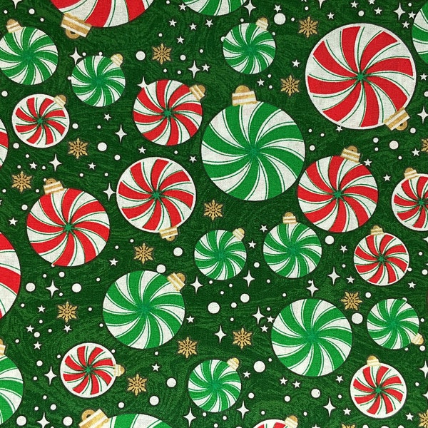 Retro Peppermint Candy Swirl Globe Ornaments & Snowflakes Designer Holiday Fabric 100% Cotton Fat Quarter Out of Print