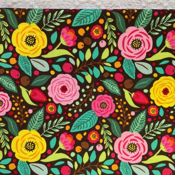 Modern Floral Wildflower Field Bouquet on Black Singer Premium Fabric 100% Cotton Fat Quarter Out of Print Rare Hard to Find