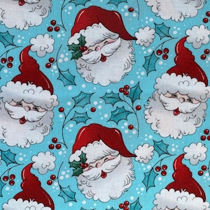 Tecido Retro Teal Happy Santa & Holly Traditions Laurie Campbell Tecido de Natal 100% algodão Fat Quarter Fora de catálogo Raro