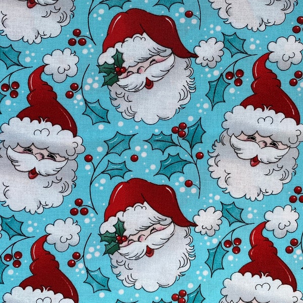 Retro Teal Happy Santa & Holly Fabric Traditions Laurie Campbell Christmas Fabric 100% Cotton Fat Quarter Out of Print Rare