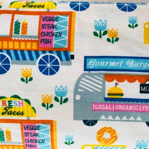 Gourmet Burger, Taco & Donut Food Trucks FLANNEL Retro Kitchen Picnic Fabric 100% Cotton Fat Quarter Out of Print Rare