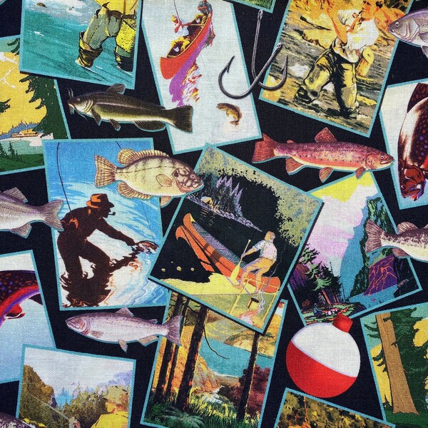 Retro Catching Dinner Fish & Fishing Snapshots Outdoor Wildlife Springs Creative Group 100% Cotton Fat Quarter Out of Print Rare