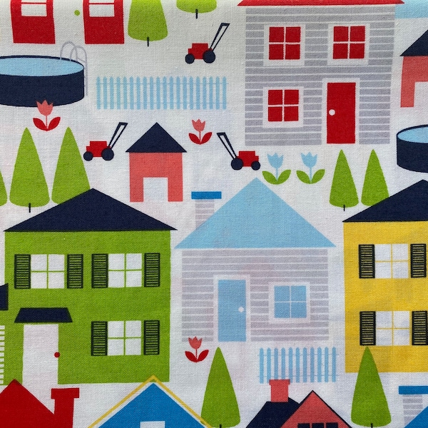 Timeless Treasures Summer Fun Neighborhood Houses Pools & Lawn Mowers Novelty Designer Fabric 100% Cotton Fat Quarter Out of Print Rare