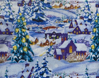 Retro Glitter Holiday Snow Village Novelty Christmas Fabric 100% Cotton Fat Quarter Rare Out of Print