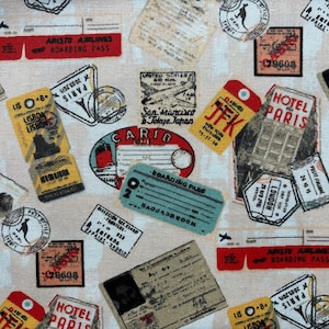 May include: A fabric pattern featuring vintage travel ephemera. The design includes boarding passes, luggage tags, stamps, and passport-style documents in shades of red, yellow, blue, and beige. The text includes city names and airline logos.