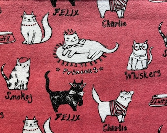Fancy Cats in Glasses, Crowns and More FLANNEL Classic Cat Names Fabric 100% Cotton Fat Quarter Out of Print Rare